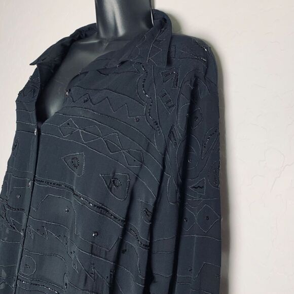 VTG Chico’s Black Beaded Oversized button Up Tunic Swim Cover Up Split Hem 3 XL - Picture 3 of 16